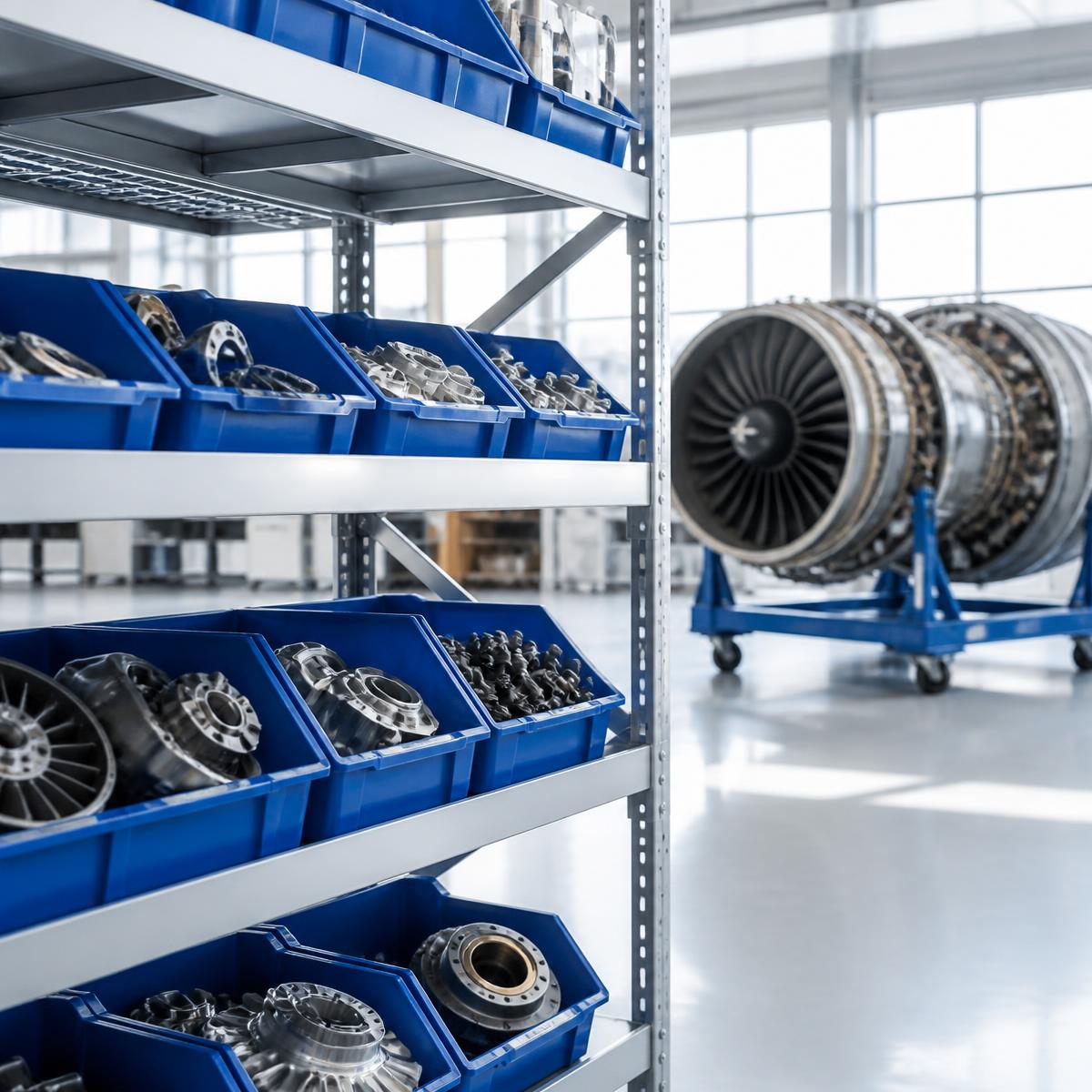 Aircraft spare parts inventory shelving with a jet engine on a stand