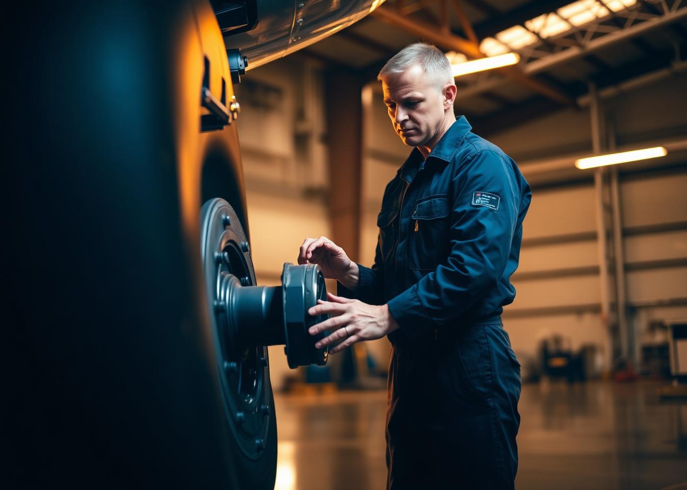 Technician inspecting landing gear